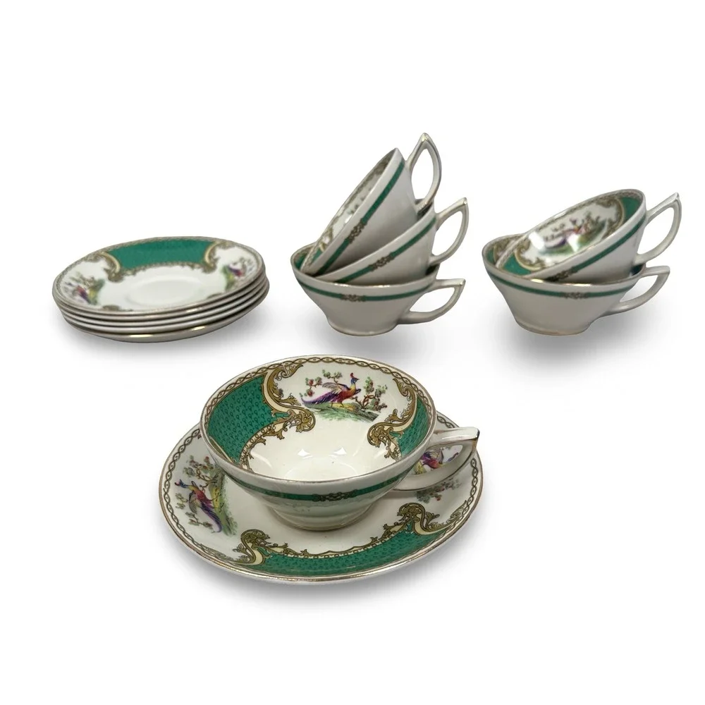 Royal Myotts Crown Chelsea Bird Green Tea Cups and Saucers Set of 6 England‎